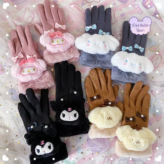 Handmade Purple Devil Melody Cinnamon Dog Pompom Winter Suede Gloves - Sugarplum Store