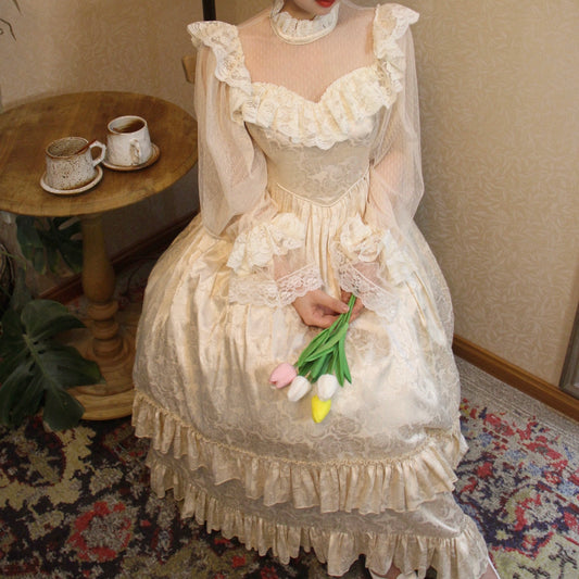 Vintage Glow Lace Satin Retro Rose Classic Princess Beige Cream Long Sleeve Dress