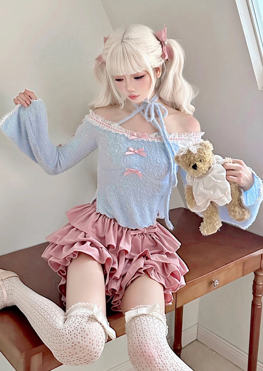 Serendipity Coquette Sweet Bow Blue Sweater & Pink Ruffled Skirt Two Piece Set