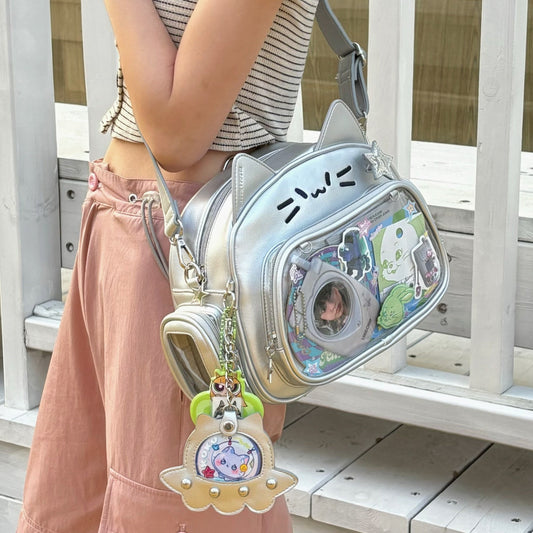Y2K Kitten Cat Ears Star Silver Leather Messenger Bag Backpack