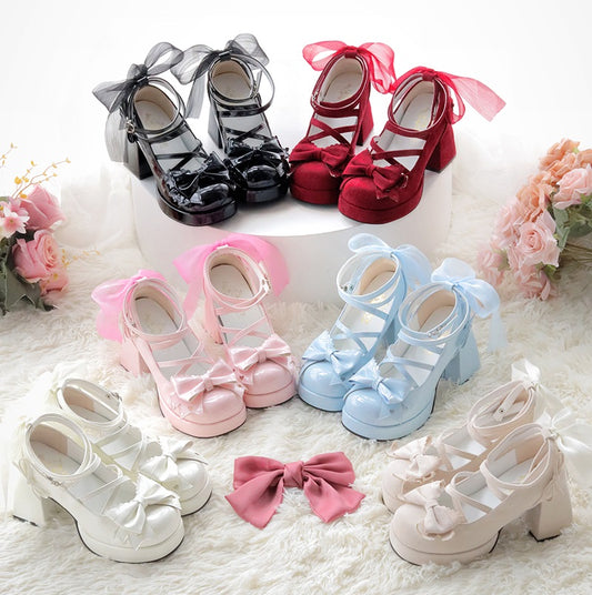 Love Song Confession Lolita Black White Pink Blue Bow High Heels Shoes