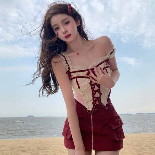 Lazy Girl Strawberry Wine Red Pink Coquette Cute Sexy Camisole Tank Top & Skirt Two Piece Set - Sugarplum Store