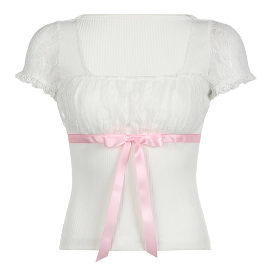 Sweet Coquette Pink Bow White Square Neck Shirt Top