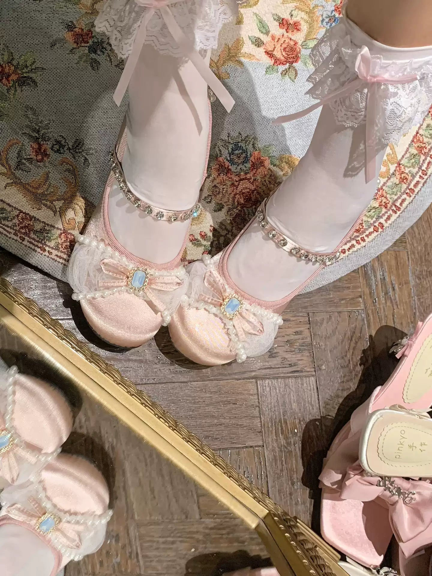 Pinky Coquette Princess Fairy Light Pink Bow Brooch Mary Jane Shoes - Sugarplum Store