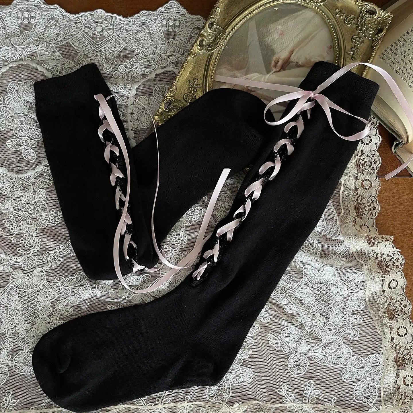 Noble Festival Pink Black Blue Red Lace Socks & Bear Garter