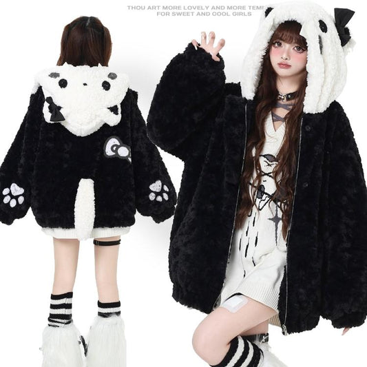 Crazy Girl Plush Party Cat Ears Black White Winter Jacket - Sugarplum Store