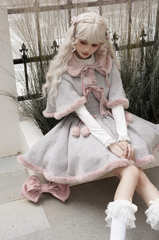 Winter Love Song Lolita Blue & Pink Tweed Plush Cape Cloak Strap Dress Two Piece Set