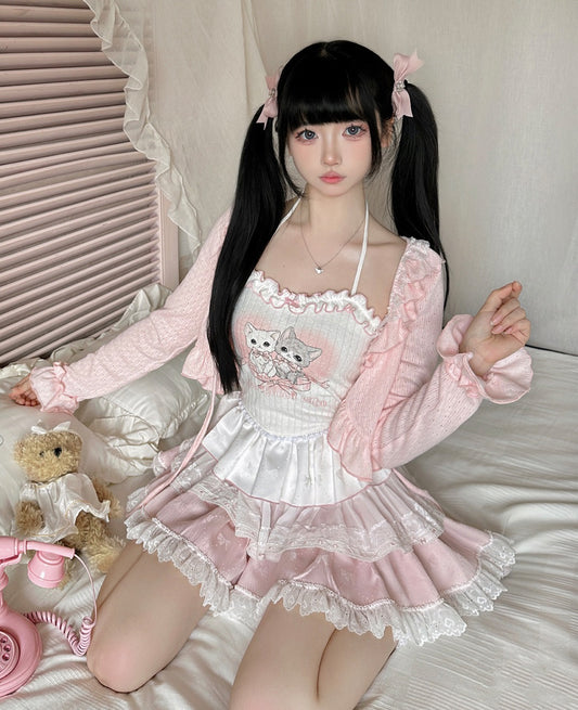 Serendipity Coquette Love Song Cat Camisole & Pink Cardigan & Ruffled Skirt Three Piece Set
