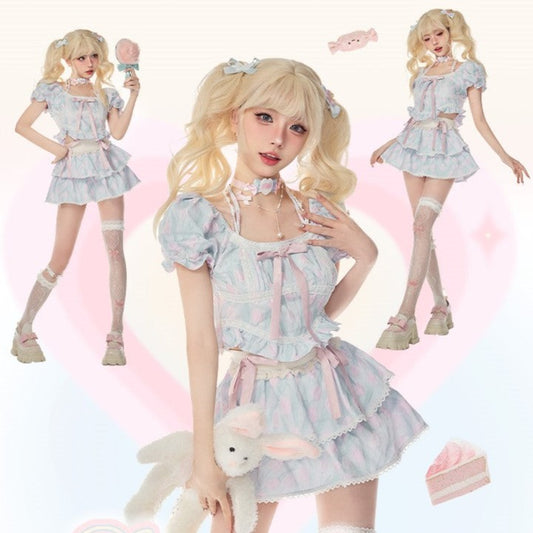 Serendipity Baby Petals Coquette Pink and Blue Bow Decorated Maid Style Blouse Top & Mini Skirt Two Piece Set - Sugarplum Store