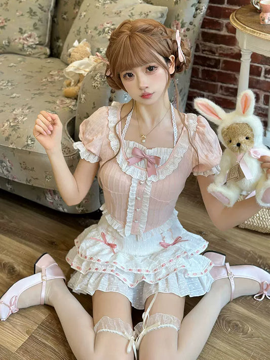 Strawberry Puff Pink Top & White Skirt Two Piece Set - Sugarplum Store