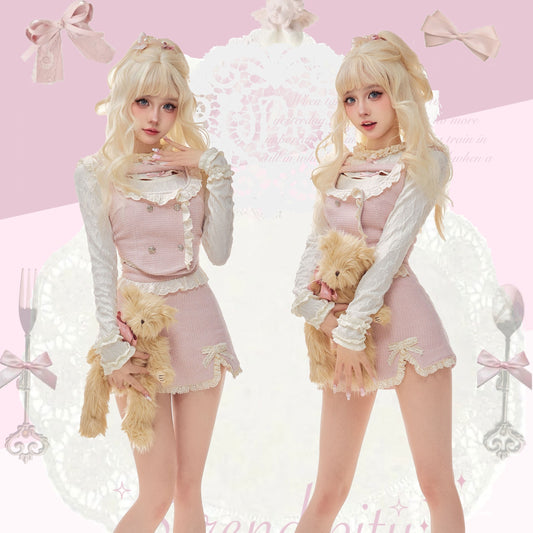 Serendipity Autumn Lady White Shirt Blouse & Tweed Pink Vest & Mini Skirt Three Piece Set - Sugarplum Store