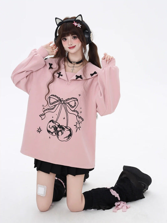 Crazy Girl Dream Ballet Cherry Pink Black Sailor Collar Sweater - Sugarplum Store
