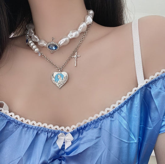 Blue Rhinestone Pearl Silver Heart Necklace Pendant
