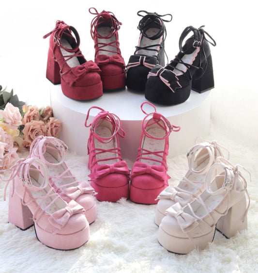 Lost Fairy Rose Confession EGL Sweet Velvet Angel Strap Bow Mary Jane High Heels Shoes