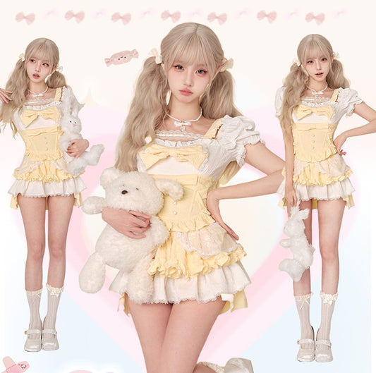 Serendipity Yellow Custard Puff Sleeve Top & Skirt Two Piece Set - Sugarplum Store