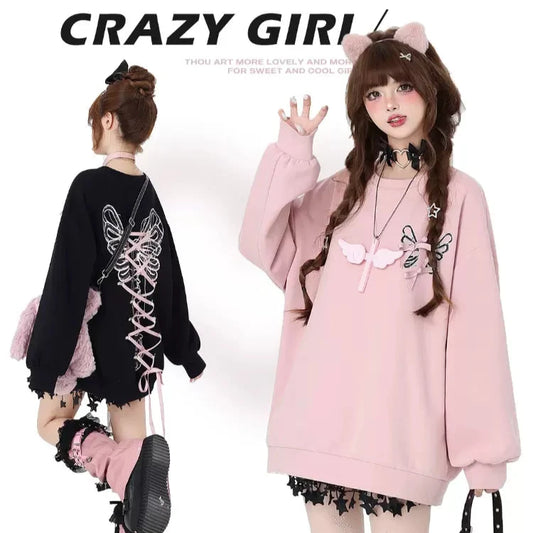 Crazy Girl Dream Cracks Zig Zag Bow Pink Black White Purple Sweater - Sugarplum Store
