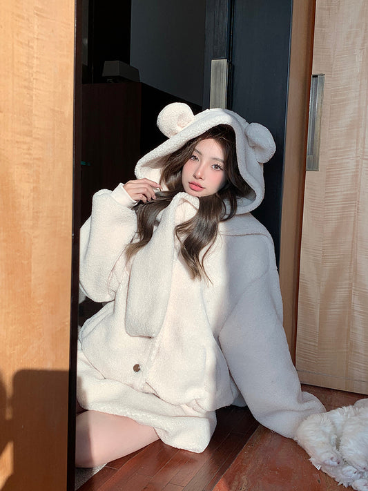 Cute Fall Winter White & Brown Bear Ears Hooded Jacket Skirt Two Piece Set - Sugarplum Store