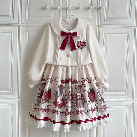 Lolita Teddy Bear Christmas Festive Red White Winter Jacket & Strap Dress Two Piece Set