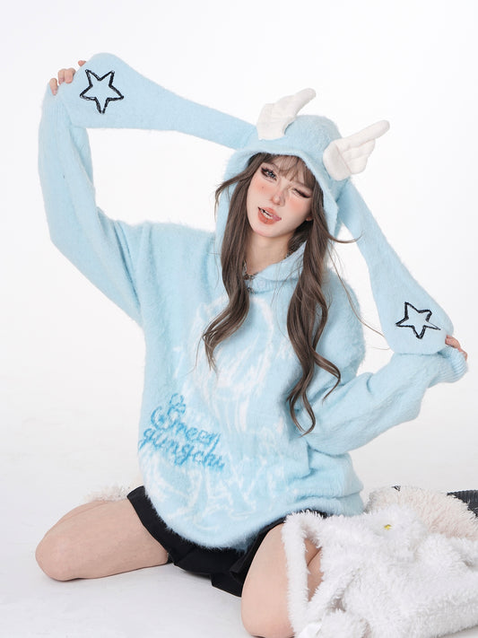 Young Eyes Star Wings Anime Girl Blue White Black Fuzzy Rabbit Ears Hoodie
