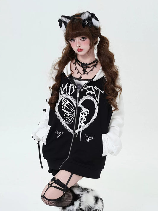 Crazy Girl Dark Lace Black White Raglan Jacket Hoodie - Sugarplum Store