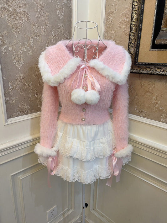 Sweetheart Princess Winter Plush Fuzzy Pink Sweater Pompom Balls & White Ruffled Skirt Two Piece Set