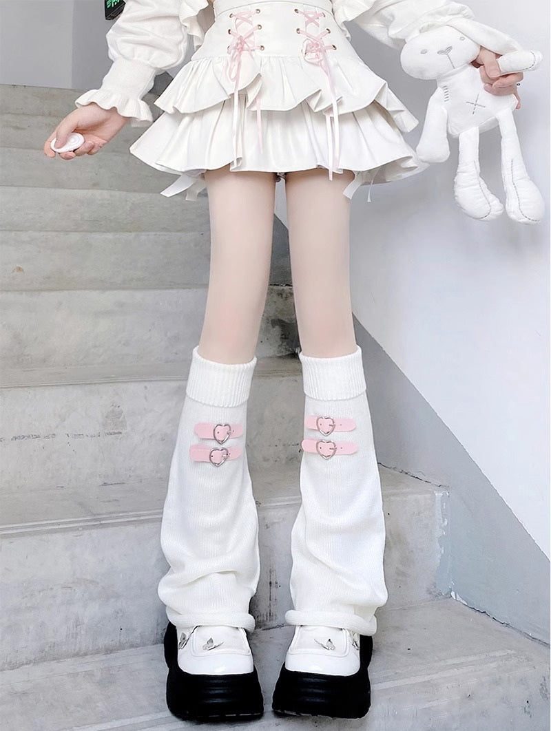 Heart Leather Buckle Knit Pink Black White Leg Warmers - Sugarplum Store