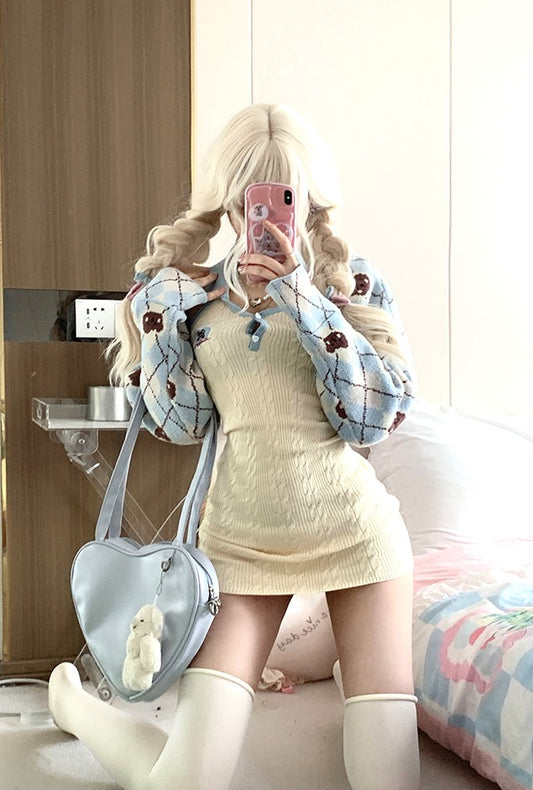 Serendipity Autumn Beige Halter Neck Bodycon Dress & Bear Blue Argyle Jacket Two Piece Set - Sugarplum Store