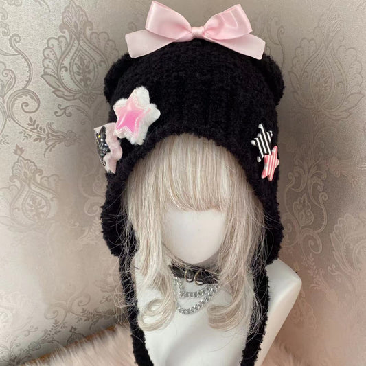 Y2K Lolita Handmade Knit Star Bow Bear Ears Cute Winter Hats Beanie - Sugarplum Store