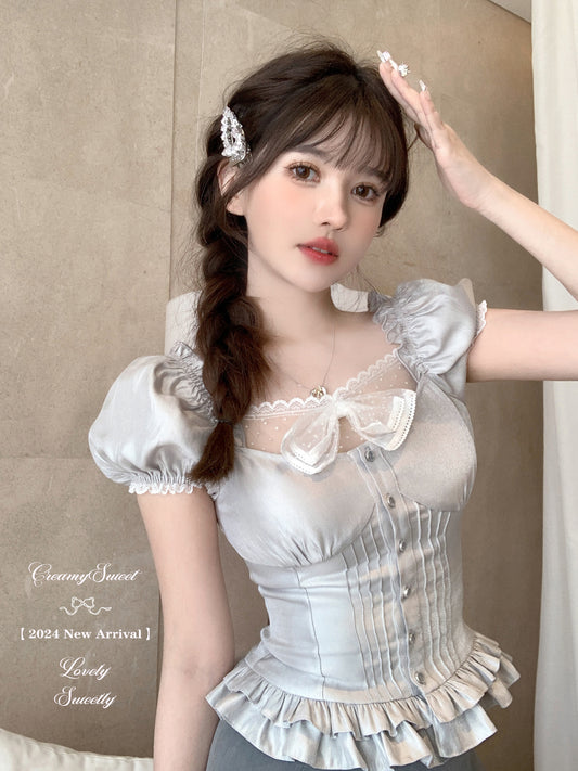 Creamy Cute Silver Gray Blouse & White Ruffle Skirt Two Piece Set - Sugarplum Store