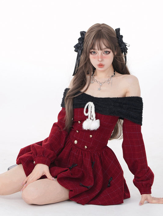 Young Eyes Winter Paris Holiday Red Wine Burgundy Off Shoulder Dress - Sugarplum Store