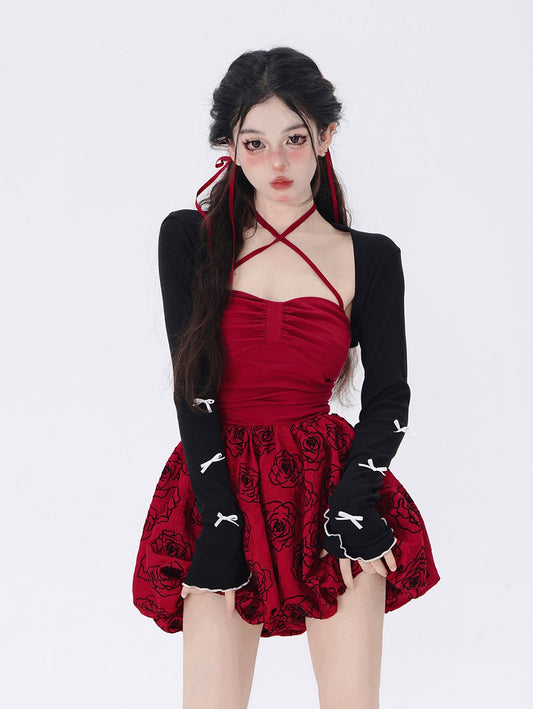 Young Eyes Crimson Red Rose Dress & Balletcore Black Bow Jacket Two Piece Set - Sugarplum Store
