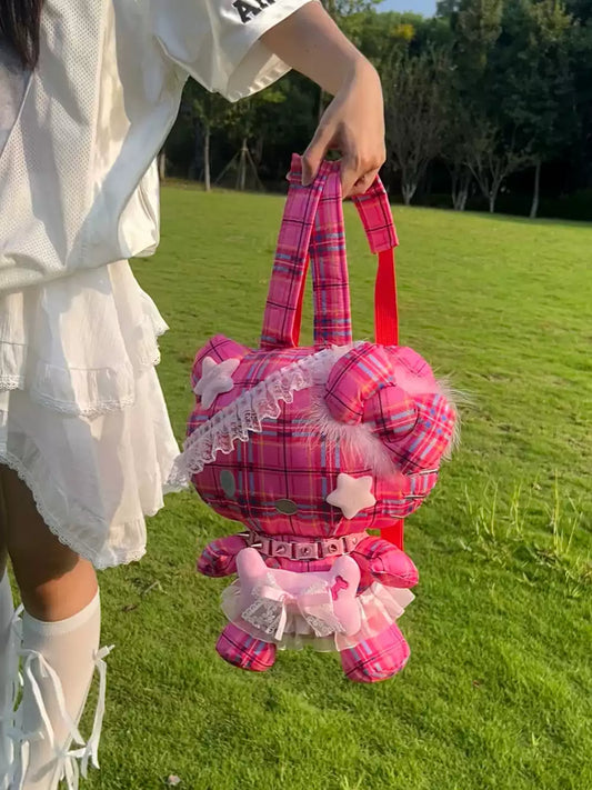 Y2K Rockstar Punk Hot Pink & Gray Kitty Backpack Doll Bag - Sugarplum Store
