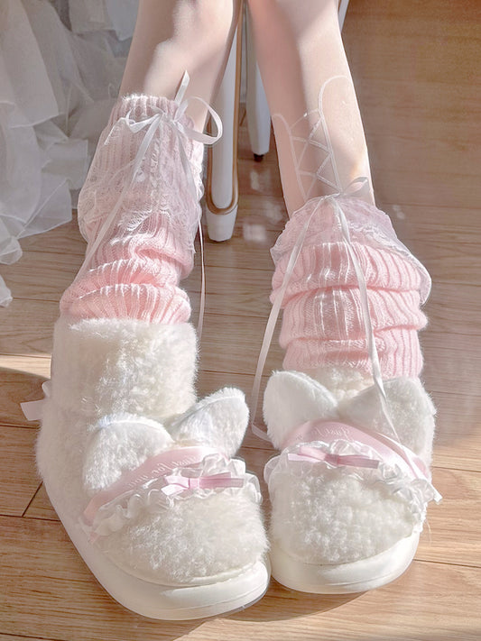 Cute Winter Plush Pink Bow Cat Ears Lace White Snow Boots