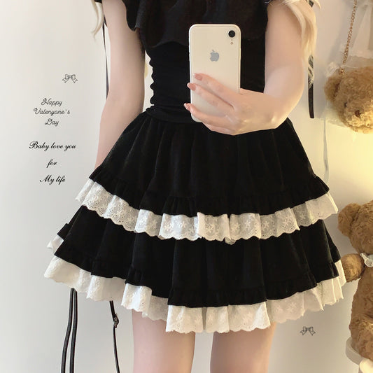Dormir Doll Velvet Kiss Lace White Black Ruffle Skirt - Sugarplum Store