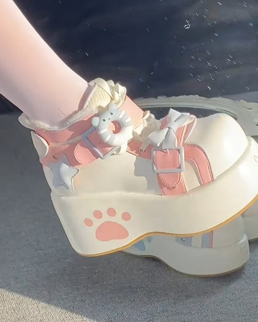 Moeka Chan Blue & Pink Paw Lolita Princess Thick Sole High Heels Shoes