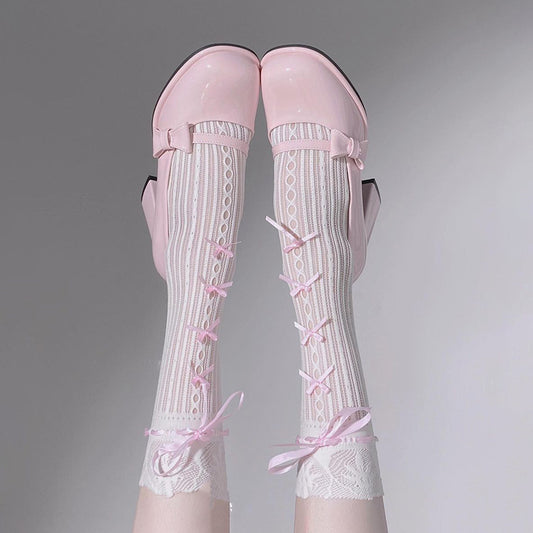 Coquette Darling Lace Pink Bow White Black Socks
