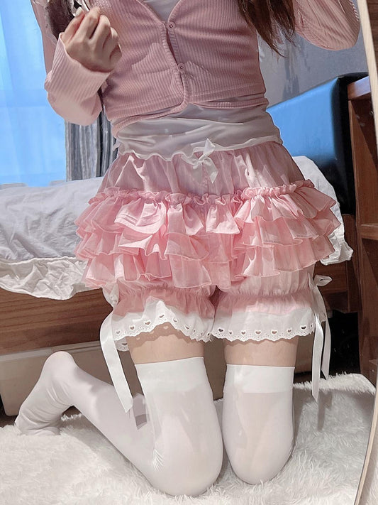 Lolita Lace Ruffled Black White Pink Bow Bloomers Shorts