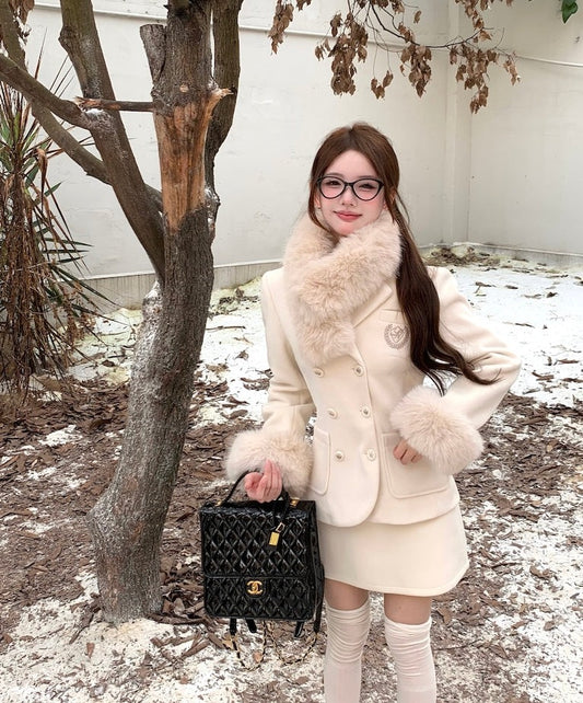 Monet Academia Chic Winter Milky White Fur Collar Woolen Jacket & Skirt Two Piece Set - Sugarplum Store