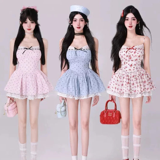 Kiki Cherry Cheese Polka Dot Pink Blue Red Strap Dress - Sugarplum Store