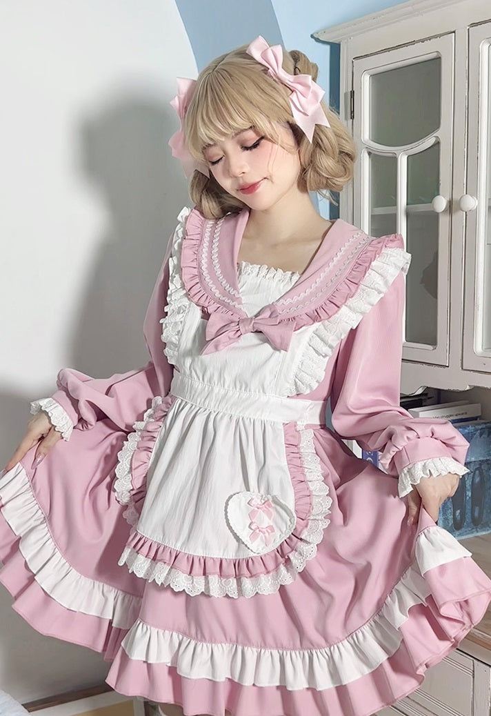 Lolita Cosplay Blue & Pink Lace Ruffled Apron Maid Dress – Sugarplum Store