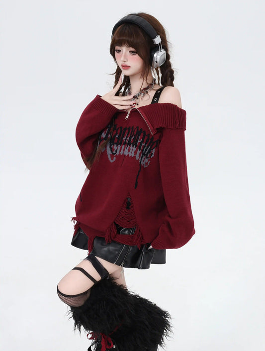 Crazy Girl Gothic Fragments Purple Black Pink Red Off Shoulder Sweater - Sugarplum Store