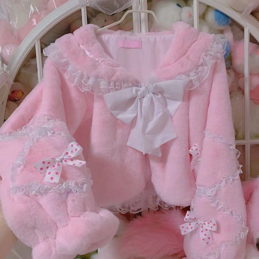 Candy Fairy Pink Purple Princess Sailor Collar Bow Ruffled Plush Fur Jacket - Sugarplum Store