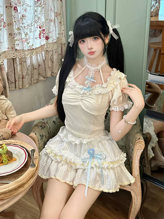 Almond Milk White Blue Lace Top & Skirt Two Piece Set - Sugarplum Store