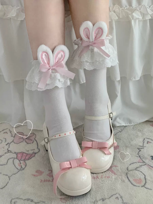 Lolita Cute Summer Rabbit Ears Black White Pink Blue Socks