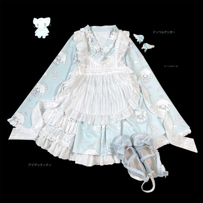 Kitten Bullet Healing Therapy Blue Black White Kimono Apron Skirt Three Piece Set