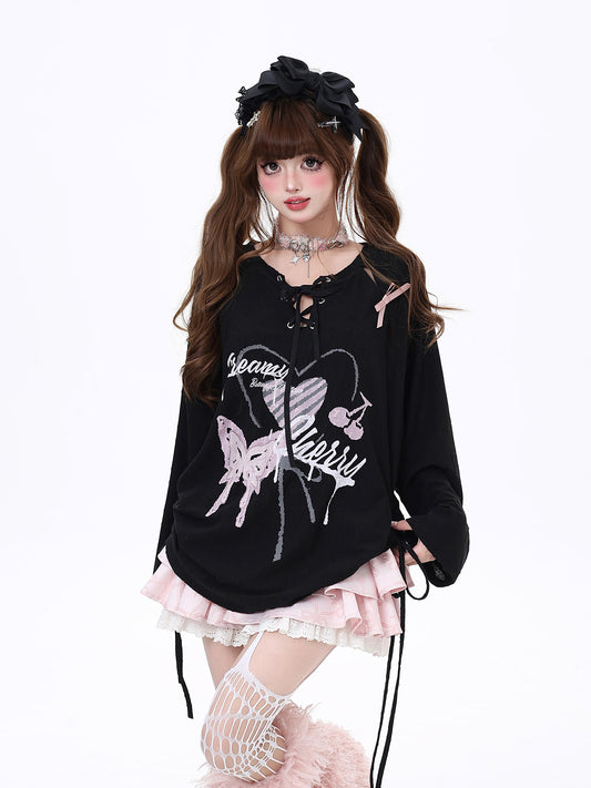 Crazy Girl Cherry Butterfly Black Oversize Long Sleeve Top - Sugarplum Store