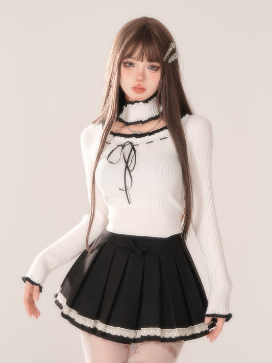 Young Eyes Coquette Bow Lace Collar Gray & White Knit Sweater Top