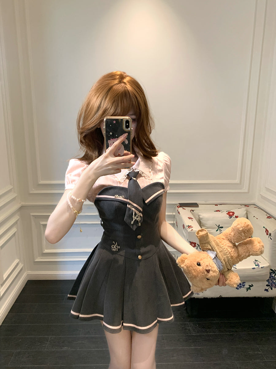 Creamy Cute Sakura Senpai Pink Shirt Top & Gray Dress Two Piece Set - Sugarplum Store