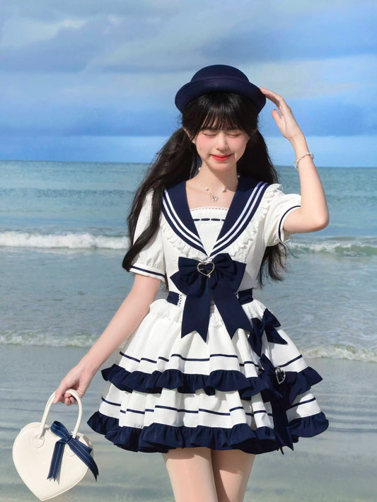 Platycodon Beach Girls Sailor Collar Navy Blue Lolita Dress - Sugarplum Store