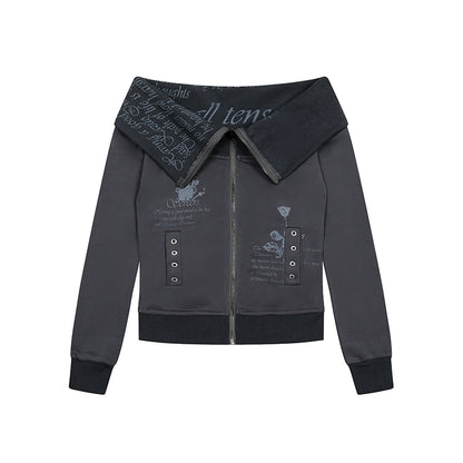 Dark gray hoodie with text and graphics on a white background